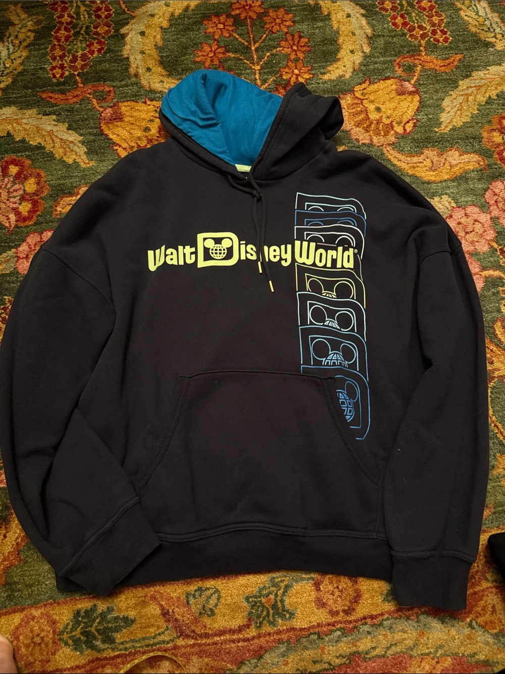 Disney Black Hoodie with Teal Lined Hood and Yellow & blue Logo Sz L